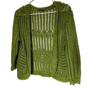 Crochet Open Front Knit Cardigan Sweater In Olive Green Size M